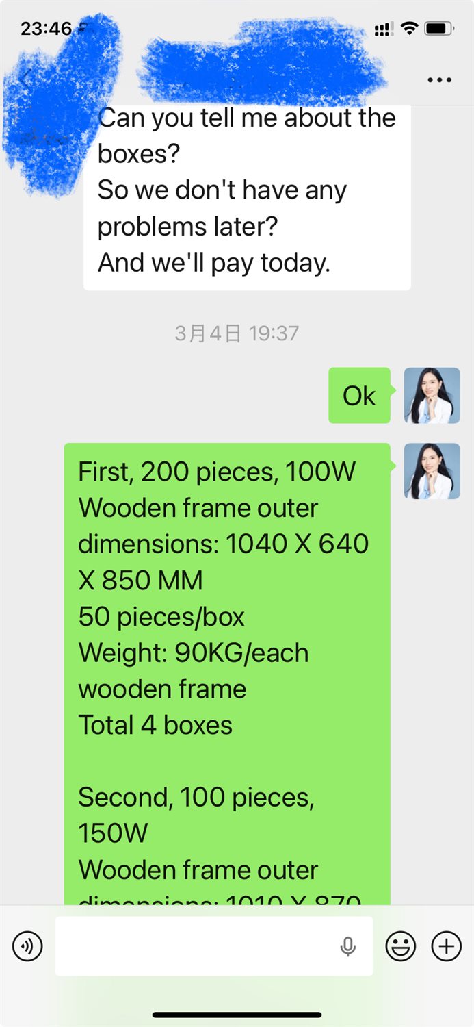 Anonymized buyer discussion of 300 piece solar panel packaging details